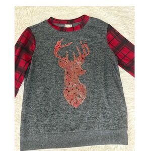 RBielle Red Plaid Christmas Sleeve Women's Sz Sm Reindeer Deer‎ Sequin Holiday